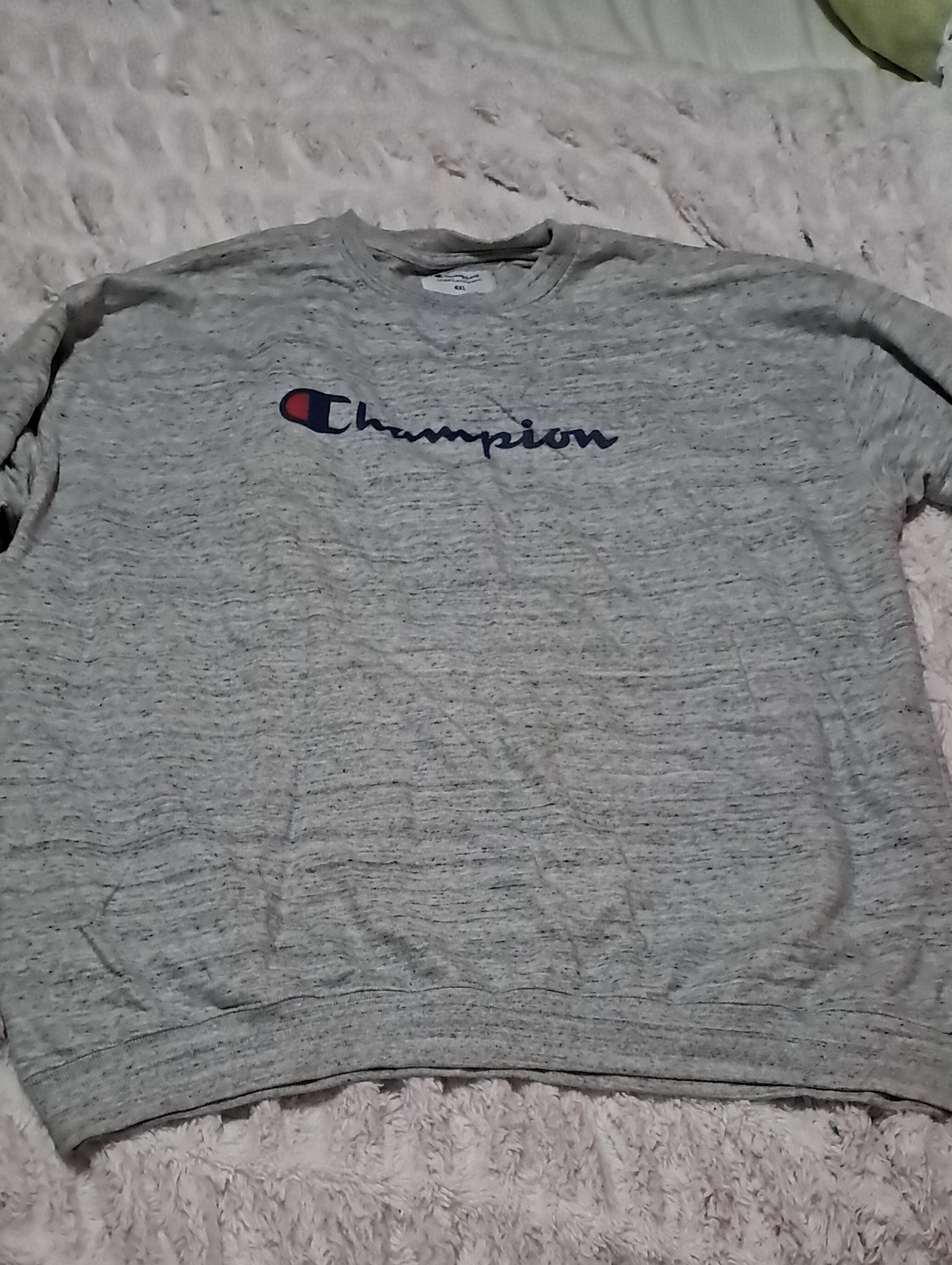 Champion Gray Crewneck with Navy Script and Red Logo